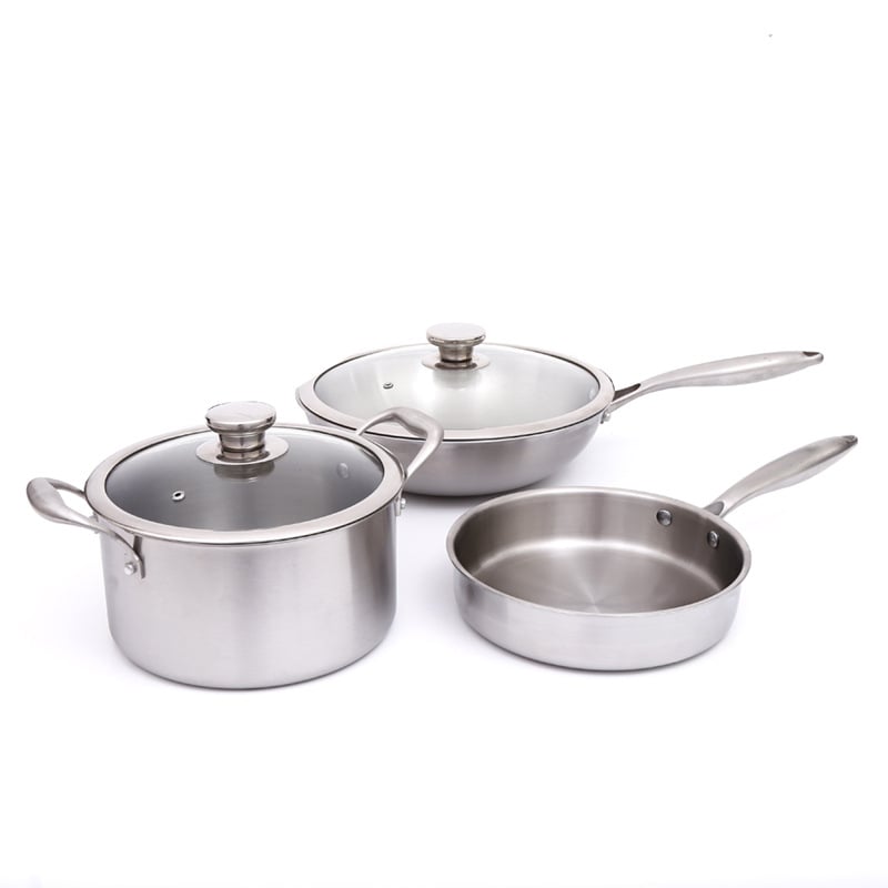 Set de trei vase antiaderente din oțel cu tripla stratificare: wok, oală și tigaie