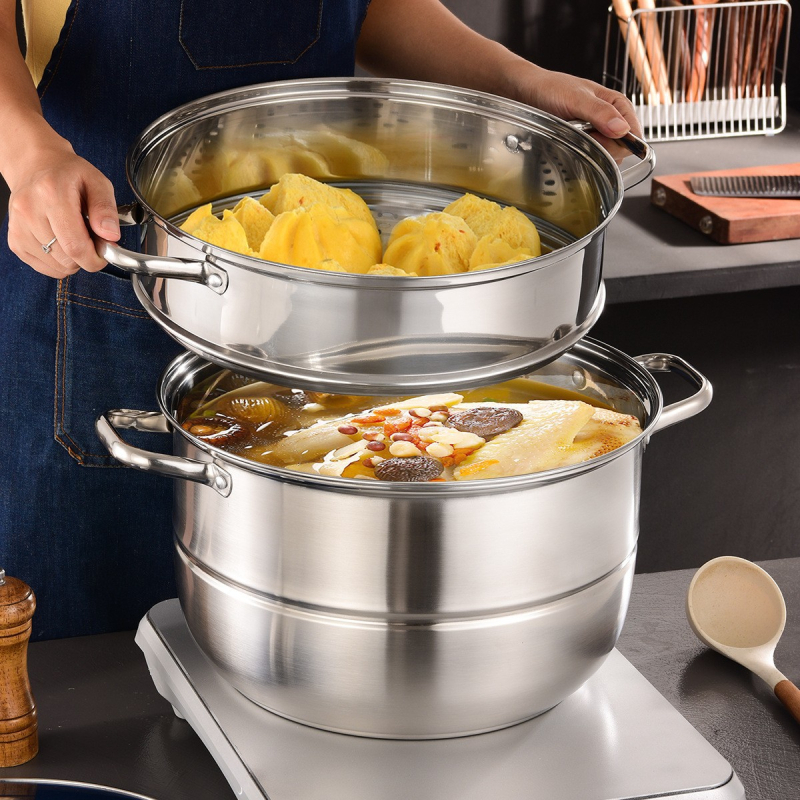 Set de 11 oale de supă din oțel inoxidabil, cu capace albastre, capacitate mare, 28–36 cm