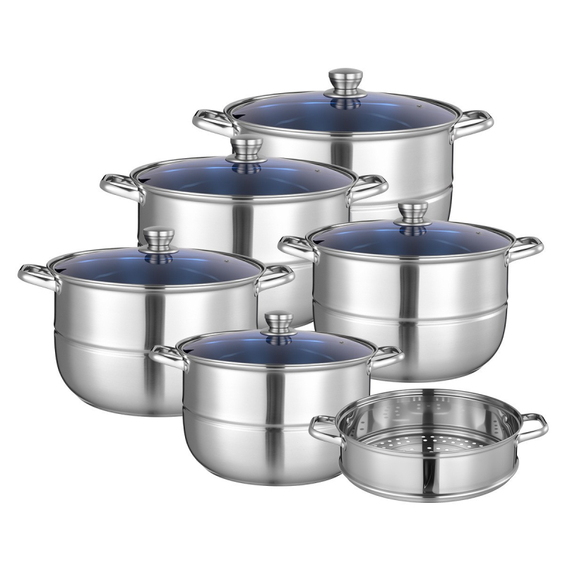 Set de 11 oale de supă din oțel inoxidabil, cu capace albastre, capacitate mare, 28–36 cm