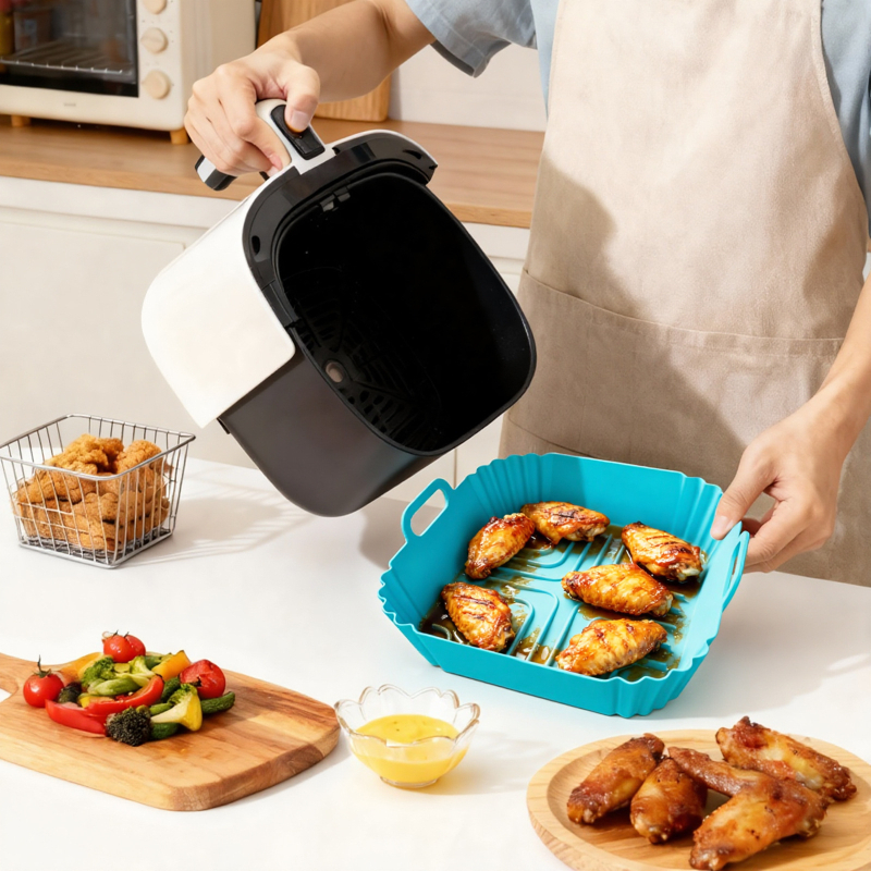 Tavă pătrată din silicon pentru air fryer, antiaderentă, rezistentă la temperaturi înalte, calitate alimentară
