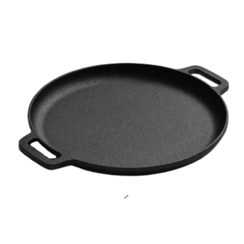 Tigaie din fontă pentru clătite, cu strat antiaderent, grătar plat, bază îngroșată, mâner dublu