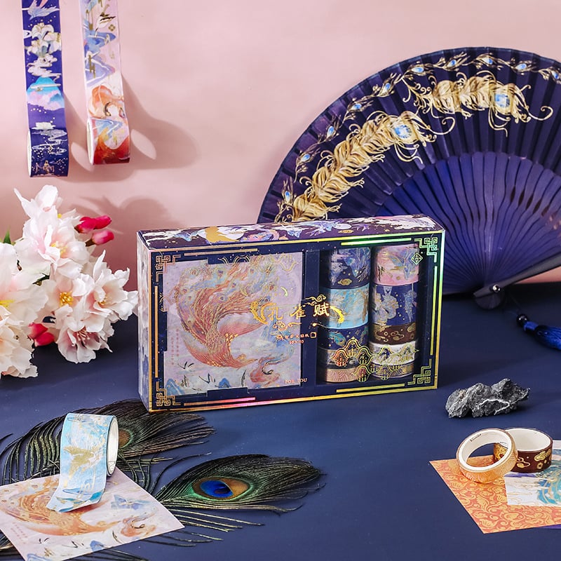 Seria Fuyou 10x10 bandă adezivă în cutie cadou, motiv păun, folie aurie – bandă decorativă pentru agende studențești