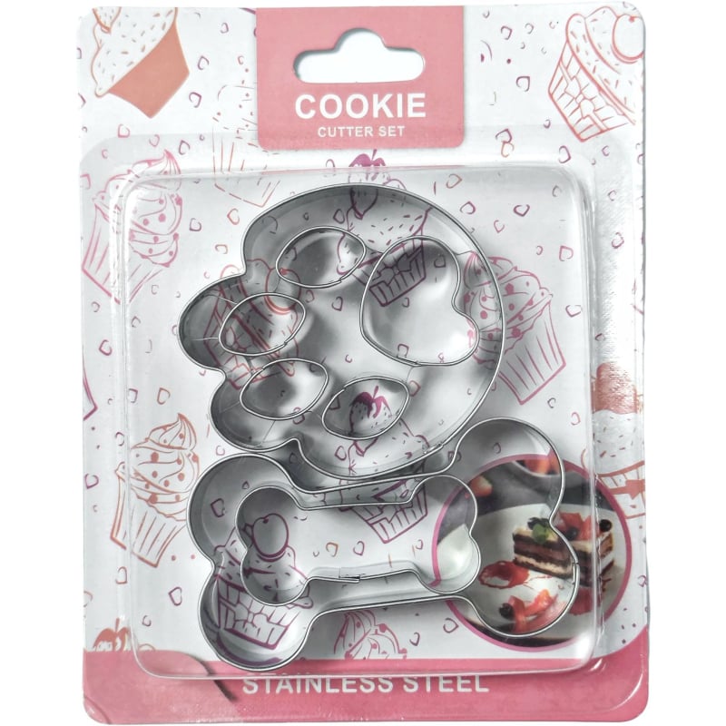 Set de trei forme pentru fursecuri din oțel inoxidabil, în formă de os, cu imprimare 3D a labei câinelui și alte forme animale