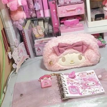 Penar plușat în stil japonez, miel drăguț, capacitate mare, geantă de școală cu desene animate și gentuță cosmetică