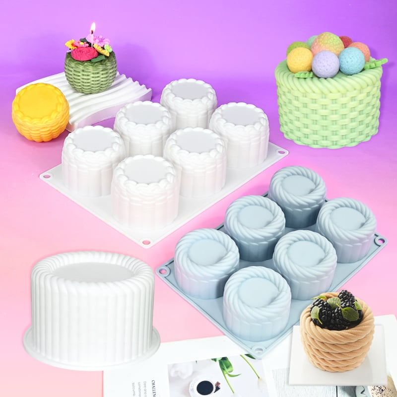 Set de 6 forme rotunde pentru coșuri cu flori pentru mousse, matriță din silicon pentru deserturi și prăjituri, textură împletită, matriță pentru lumânări aromatice