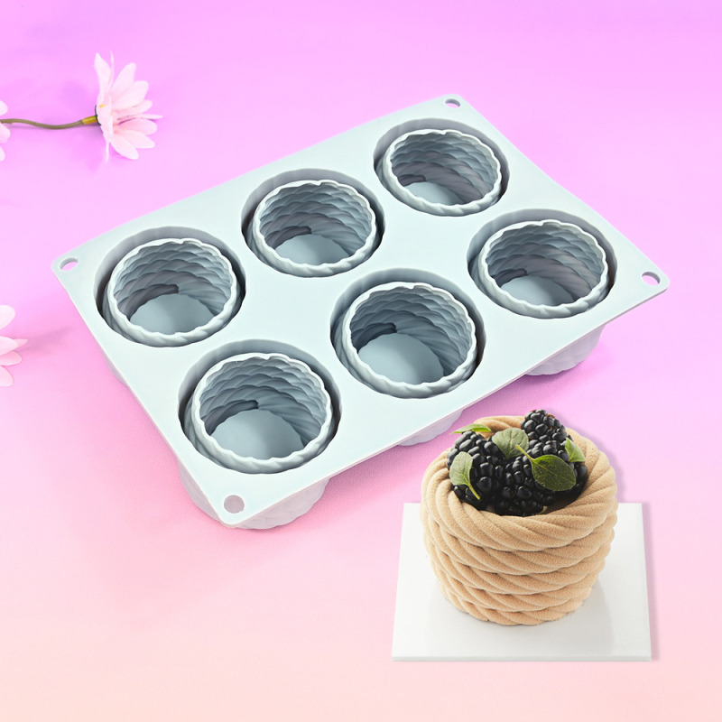 Set de 6 forme rotunde pentru coșuri cu flori pentru mousse, matriță din silicon pentru deserturi și prăjituri, textură împletită, matriță pentru lumânări aromatice