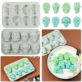 Formă de silicon pentru copt Halloween, 8 compartimente, motiv craniu-creier-flori