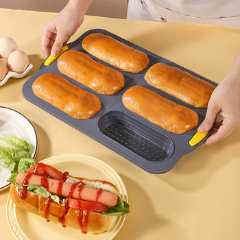 Tavă de copt din silicon alimentar pentru pâine franțuzească, 6 cavități, formă deschisă cu găuri pentru cârnați în chifle, antiaderentă
