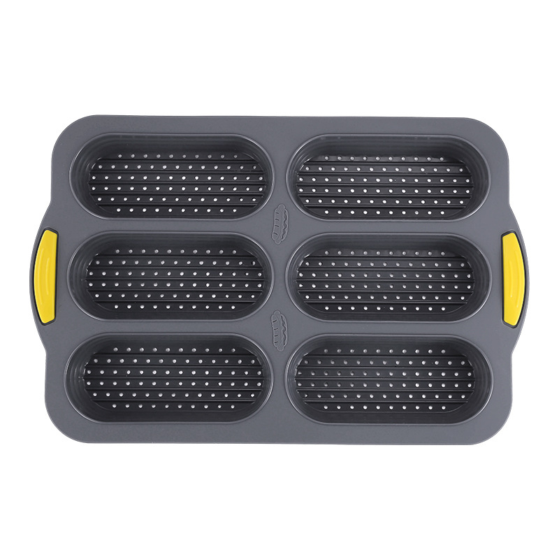Tavă de copt din silicon alimentar pentru pâine franțuzească, 6 cavități, formă deschisă cu găuri pentru cârnați în chifle, antiaderentă