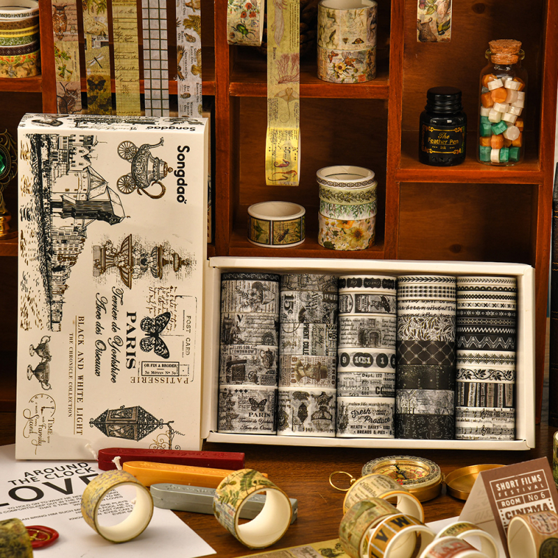 Set Washi cu folie aurie și autocolante pe hârtie pentru decor DIY și jurnal