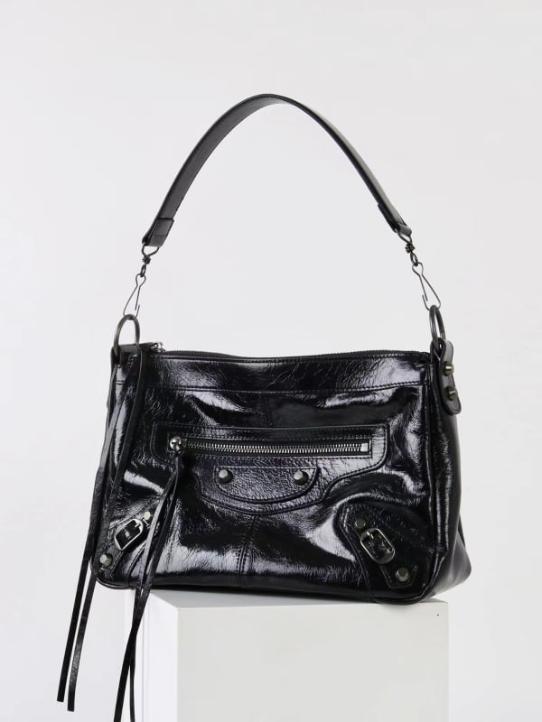 Miss Summer žena crossbody torba od prave kože s olej-vosk završnim slojem, srednje veličine, zatvarač, ukrasni riveti, motocikl stil, džepovi za telefon i dokumente, jesen 2025