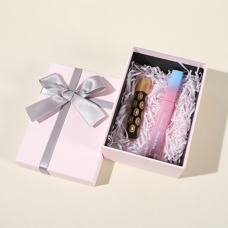 Cutie cadou roz cu funda – cutie pentru ziua de naștere, capac dublu, cutie goală pentru ambalare ruj, cutie cadou 520
