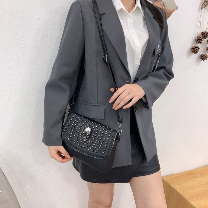 Retro punk ulična torbica preko ramena sa skeletom, PU koža i nite – crossbody za žene, Halloween