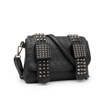 ANNMUU Ženska crossbody torba s rivetima i crnim lubanjama, PU, mala kvadratna torbica, reljefna površina, gradski stil
