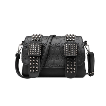 ANNMUU Ženska crossbody torba s rivetima i crnim lubanjama, PU, mala kvadratna torbica, reljefna površina, gradski stil