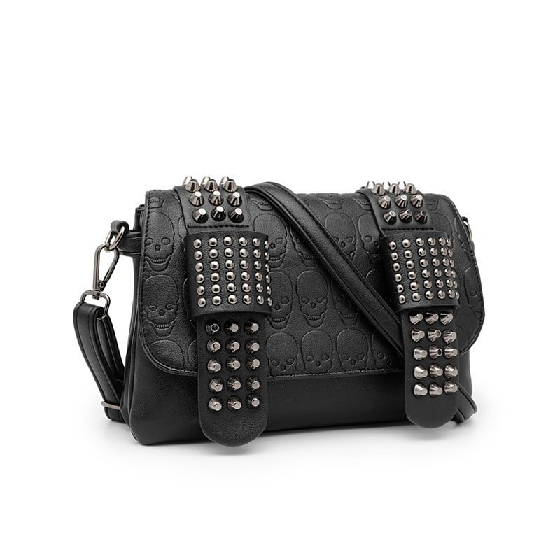 ANNMUU Ženska crossbody torba s rivetima i crnim lubanjama, PU, mala kvadratna torbica, reljefna površina, gradski stil
