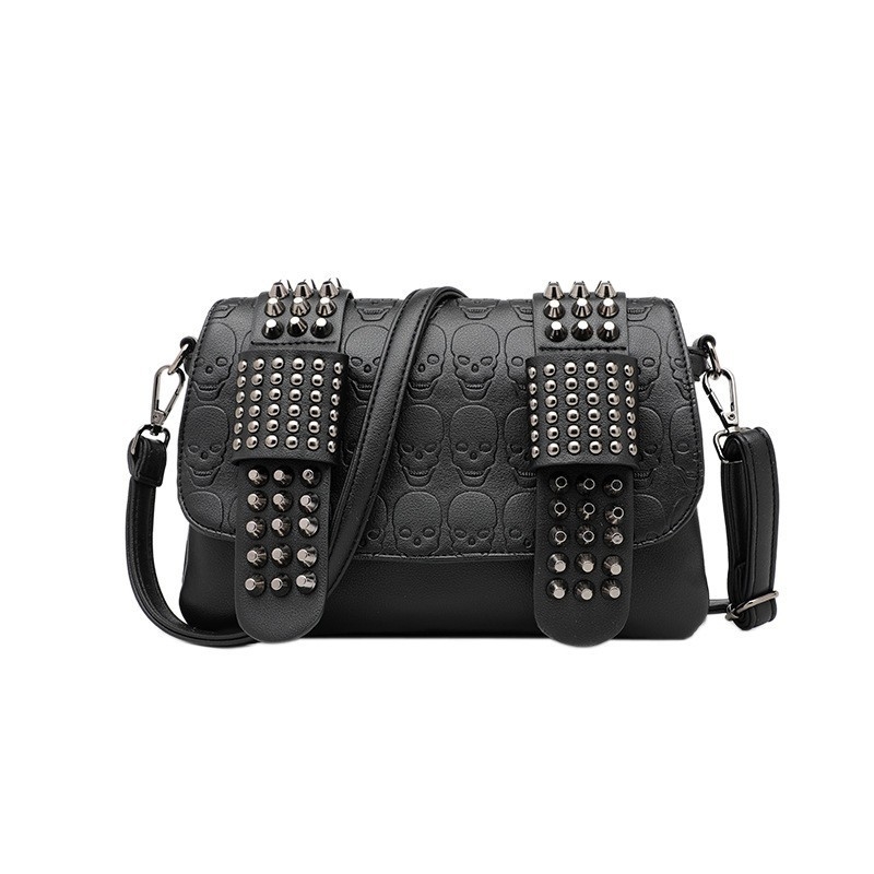 ANNMUU Ženska crossbody torba s rivetima i crnim lubanjama, PU, mala kvadratna torbica, reljefna površina, gradski stil