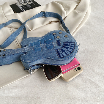 Ženska denim torbica za ramena s jedinstvenim dizajnom, oblik gitare – nova
