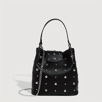 PU torba s nitima, retro punk motocikl stil, tote i bucket torba, lančani remen za rame
