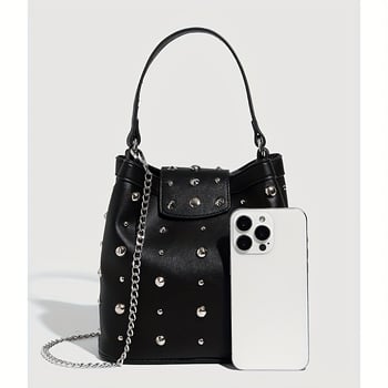 PU torba s nitima, retro punk motocikl stil, tote i bucket torba, lančani remen za rame