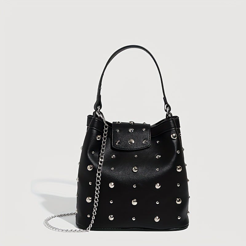 PU torba s nitima, retro punk motocikl stil, tote i bucket torba, lančani remen za rame