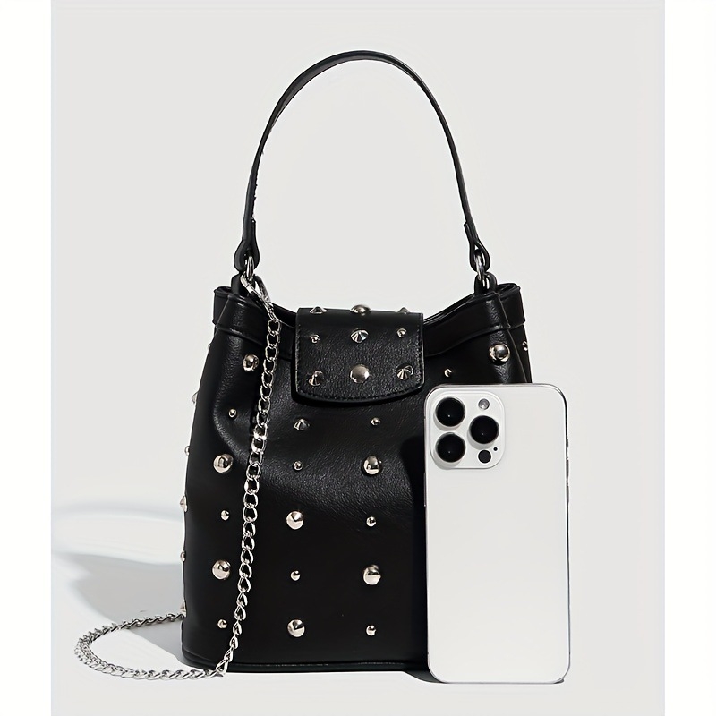 PU torba s nitima, retro punk motocikl stil, tote i bucket torba, lančani remen za rame