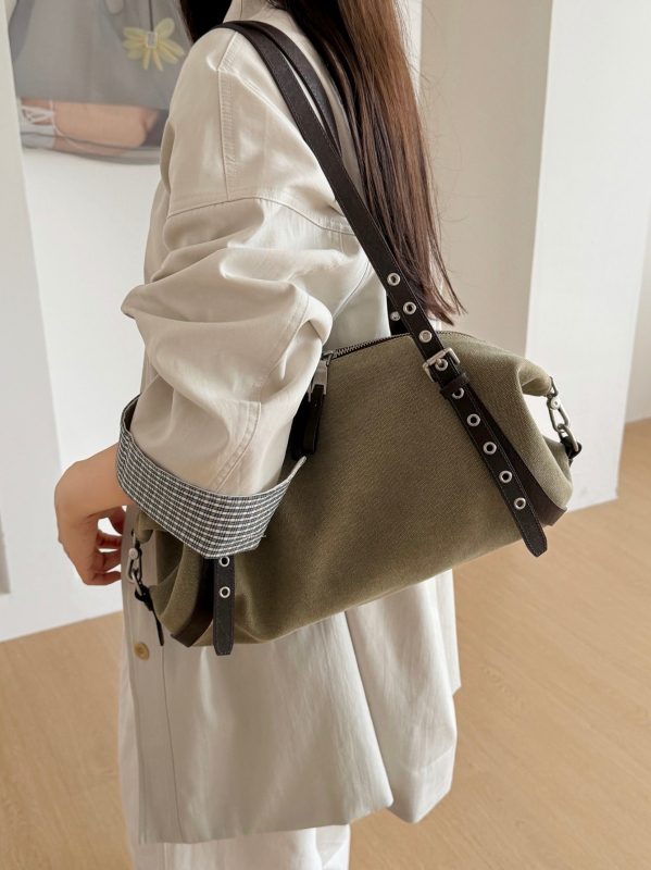 Ženska torbica s nitima u obliku jastuka, japansko-korejski stil, ramenska/ crossbody, od prave kože i platna