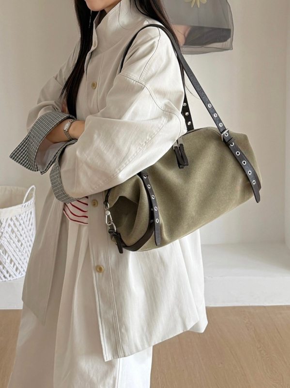 Ženska torbica s nitima u obliku jastuka, japansko-korejski stil, ramenska/ crossbody, od prave kože i platna