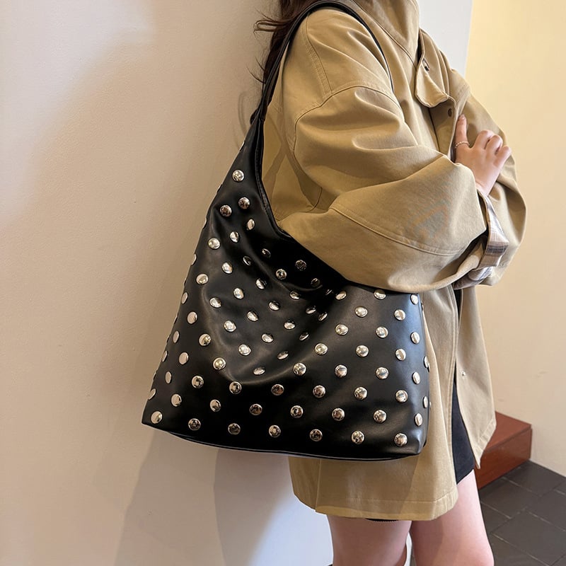 Torbica tote s rivetima, velika kapaciteta, motociklistički stil, preko ramena ili crossbody