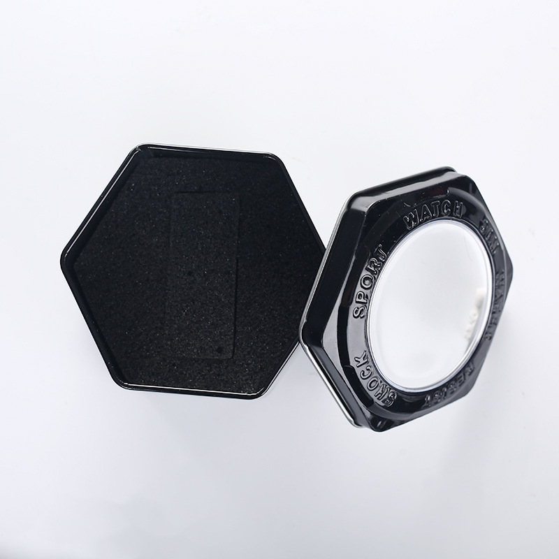 Cutie metalică neagră hexagonală pentru ceasuri de sport — ambalare și cutie cadou, cu posibilitatea de logo