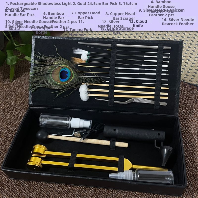 Set de instrumente pentru curățarea urechilor cu lampă de urechi reîncărcabilă și vibrator pentru urechi, într-o husă din piele, compatibil cu diferite instrumente de curățare a urechilor