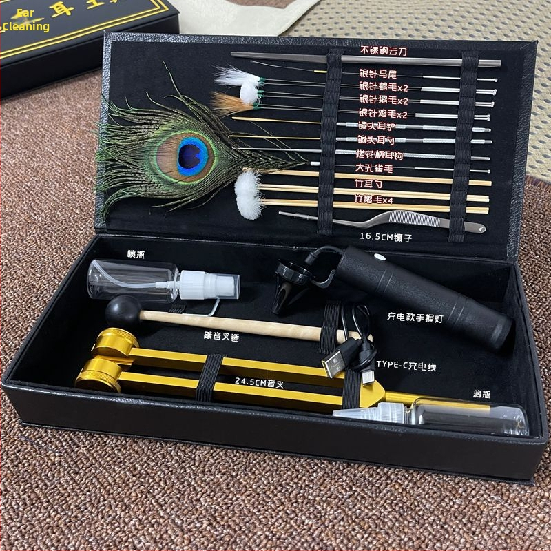 Set de instrumente pentru curățarea urechilor cu lampă de urechi reîncărcabilă și vibrator pentru urechi, într-o husă din piele, compatibil cu diferite instrumente de curățare a urechilor