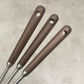 Spatulă mică din oțel inoxidabil cu mâner lung pentru gătit acasă, spatulă antiaderentă pentru tigaie, rezistentă la temperaturi înalte, mâner din lemn de nuc
