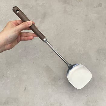 Spatulă mică din oțel inoxidabil cu mâner lung pentru gătit acasă, spatulă antiaderentă pentru tigaie, rezistentă la temperaturi înalte, mâner din lemn de nuc