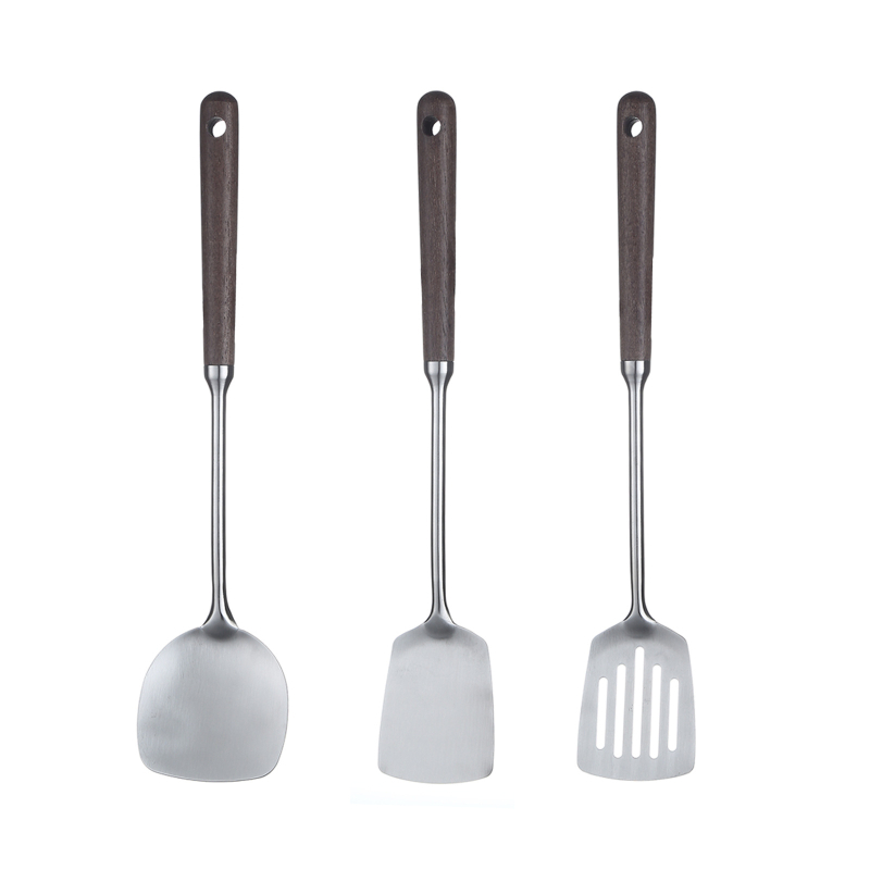 Spatulă mică din oțel inoxidabil cu mâner lung pentru gătit acasă, spatulă antiaderentă pentru tigaie, rezistentă la temperaturi înalte, mâner din lemn de nuc