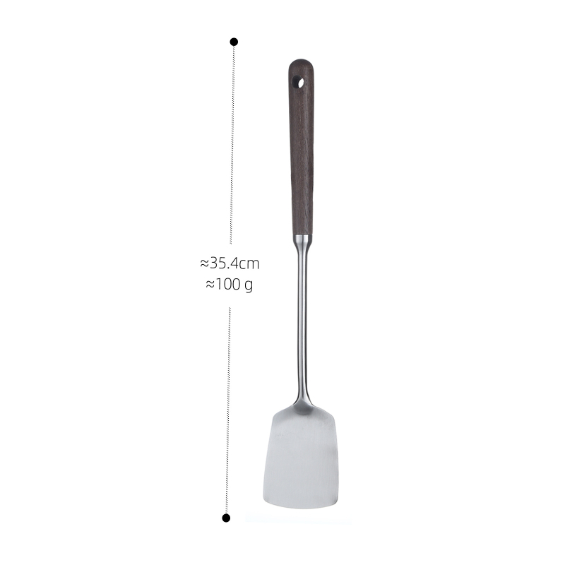 Spatulă mică din oțel inoxidabil cu mâner lung pentru gătit acasă, spatulă antiaderentă pentru tigaie, rezistentă la temperaturi înalte, mâner din lemn de nuc