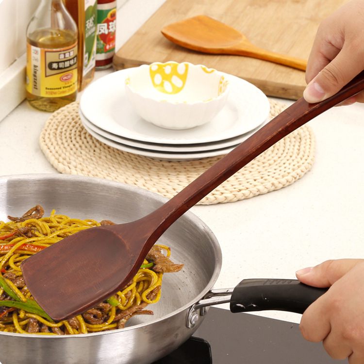 Spatula de bucătărie din lemn, mâner lung, ustensil de gătit din lemn natural, potrivit pentru tigăi antiaderente