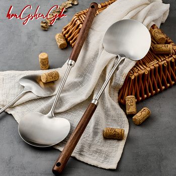 Spatulă de gătit din oțel inoxidabil 316L cu lemn de nuc, formă de ciupercă, pentru uz casnic, spatulă de măr, mâner lung, anti-arsură, spatulă și lingură