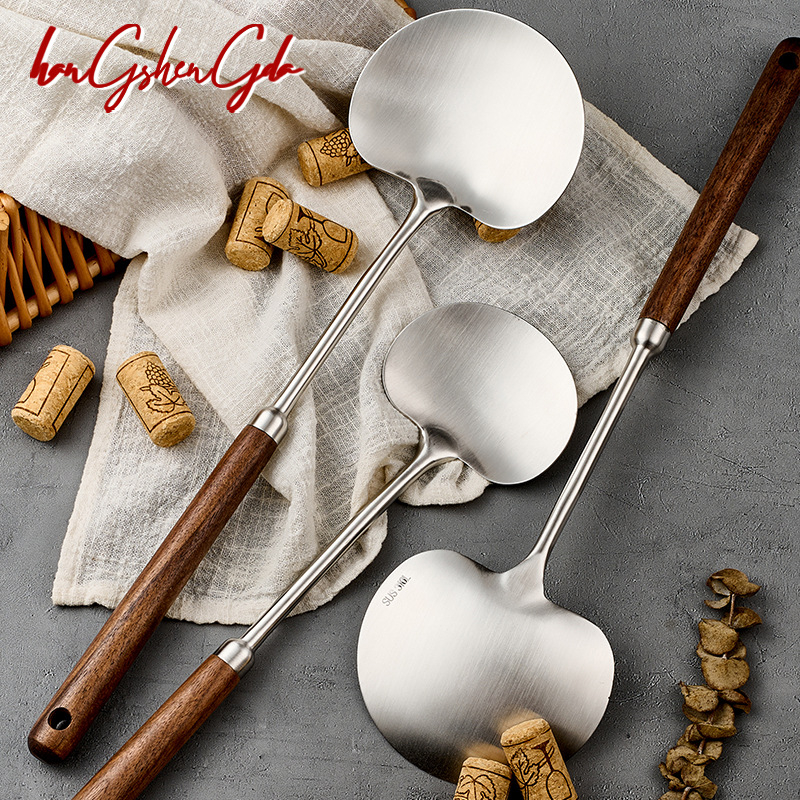 Spatulă de gătit din oțel inoxidabil 316L cu lemn de nuc, formă de ciupercă, pentru uz casnic, spatulă de măr, mâner lung, anti-arsură, spatulă și lingură