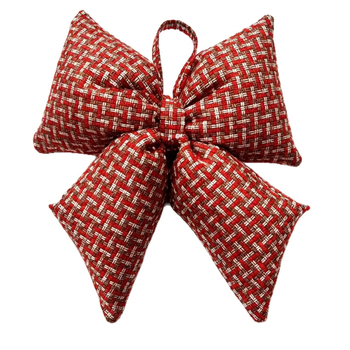Ornament de Crăciun lucrat manual, fundă roșie în carouri, din material textil cu umplutură 3D