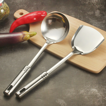 Set de ustensile bucătărie din oțel inoxidabil cu mânere din oțel cu mărgele — spatule și linguri (spatulă pentru oală, spatulă pentru prăjit și lingură pentru terci) cu logo