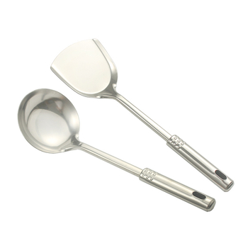 Set de ustensile bucătărie din oțel inoxidabil cu mânere din oțel cu mărgele — spatule și linguri (spatulă pentru oală, spatulă pentru prăjit și lingură pentru terci) cu logo