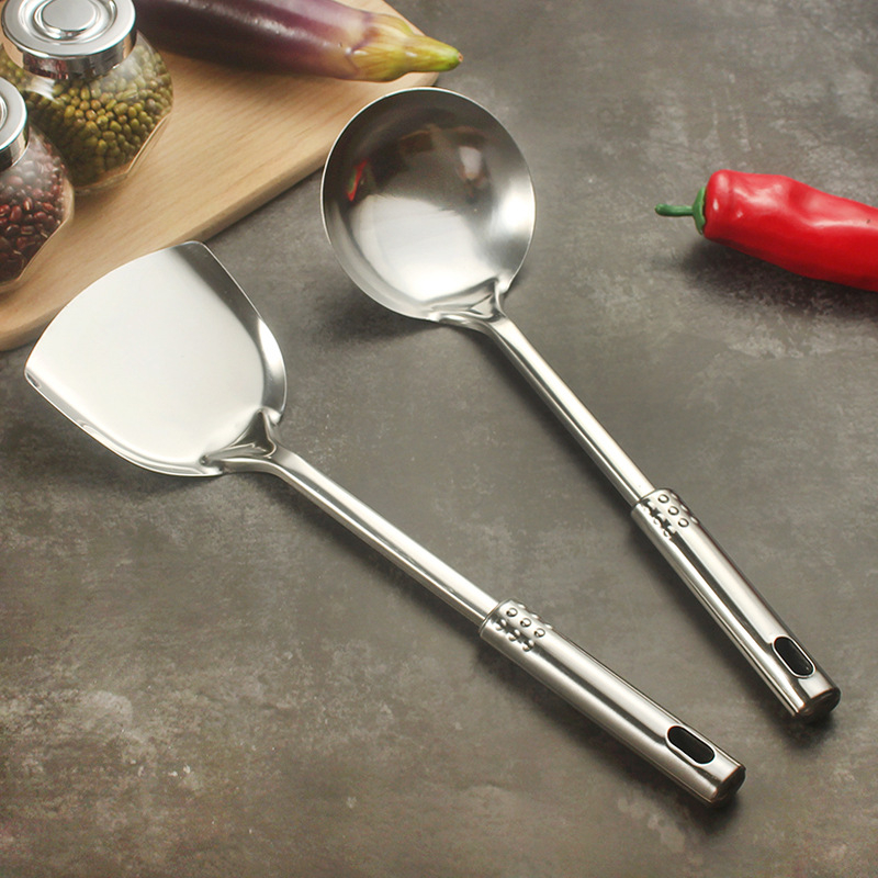 Set de ustensile bucătărie din oțel inoxidabil cu mânere din oțel cu mărgele — spatule și linguri (spatulă pentru oală, spatulă pentru prăjit și lingură pentru terci) cu logo