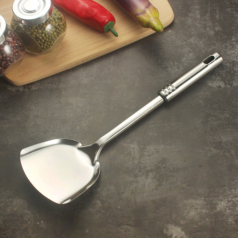 Set de ustensile bucătărie din oțel inoxidabil cu mânere din oțel cu mărgele — spatule și linguri (spatulă pentru oală, spatulă pentru prăjit și lingură pentru terci) cu logo