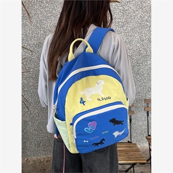 Ženski ruksak u korejskom stilu s grafiti dizajnom, višebojni blok dizajn, školska torba za učenice, kompatibilan s 14-inčnim laptopom