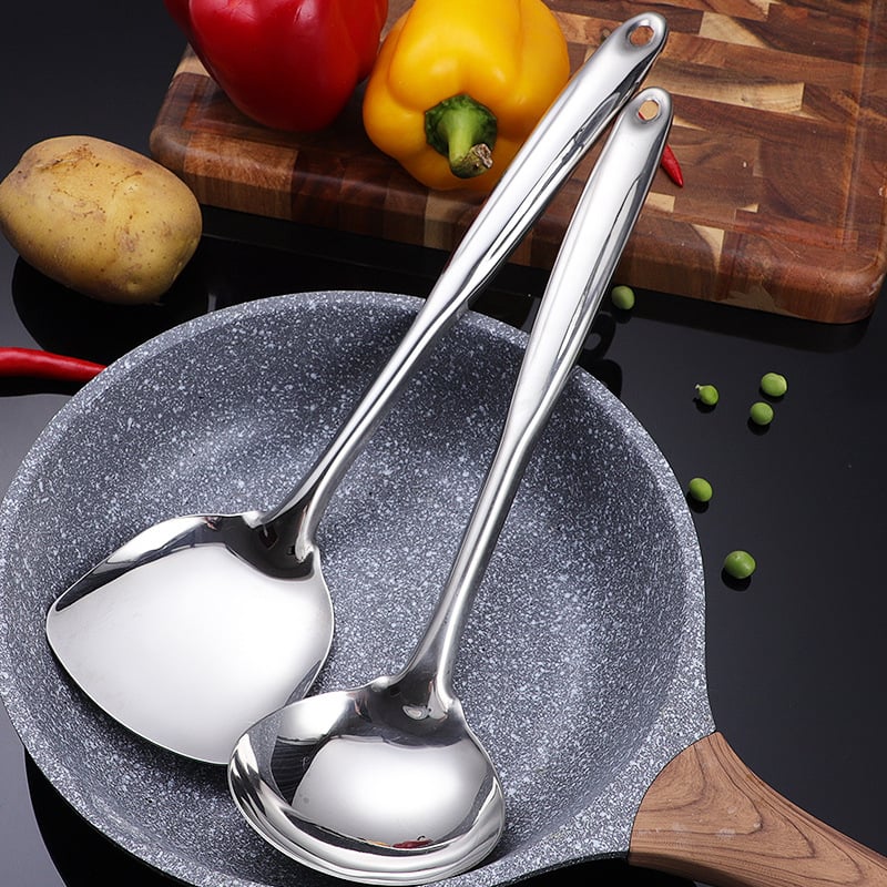 Set de ustensile de bucătărie din oțel inoxidabil, mâner lung: spatulă și lingură