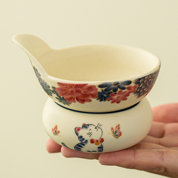 Filtru de ceai din porțelan cu motiv fluture-floare-pisică pentru ceremonia ceaiului — filtru ceramic pentru frunze de ceai