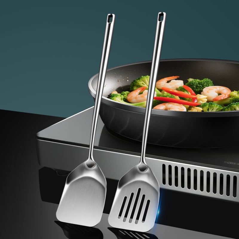 Spatulă de bucătărie din oțel inoxidabil 304, cu mâner lung, spatulă 2-in-1 pentru prăjit