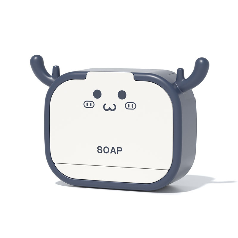 Cutie de săpun cu design de coarne de cerb, fără găuri, pentru toaletă și baie, cu capac, compartiment dublu și suport de drenaj rabatabil