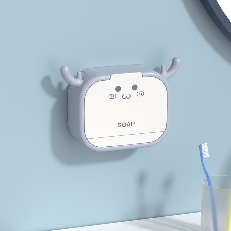 Cutie de săpun cu design de coarne de cerb, fără găuri, pentru toaletă și baie, cu capac, compartiment dublu și suport de drenaj rabatabil